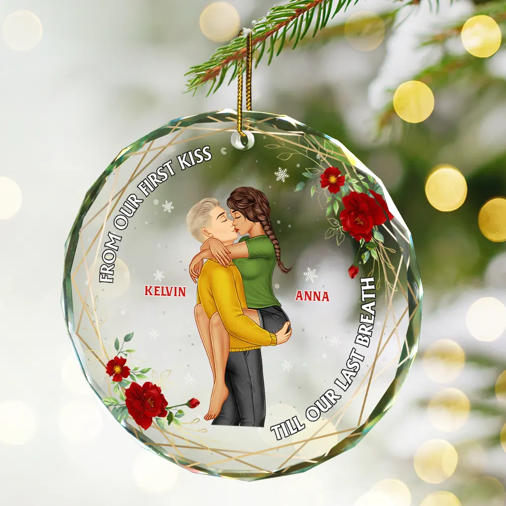 From Our First Kiss Till Our Last Breath Young Couples - Personalized Circle Glass Ornament - Image 2