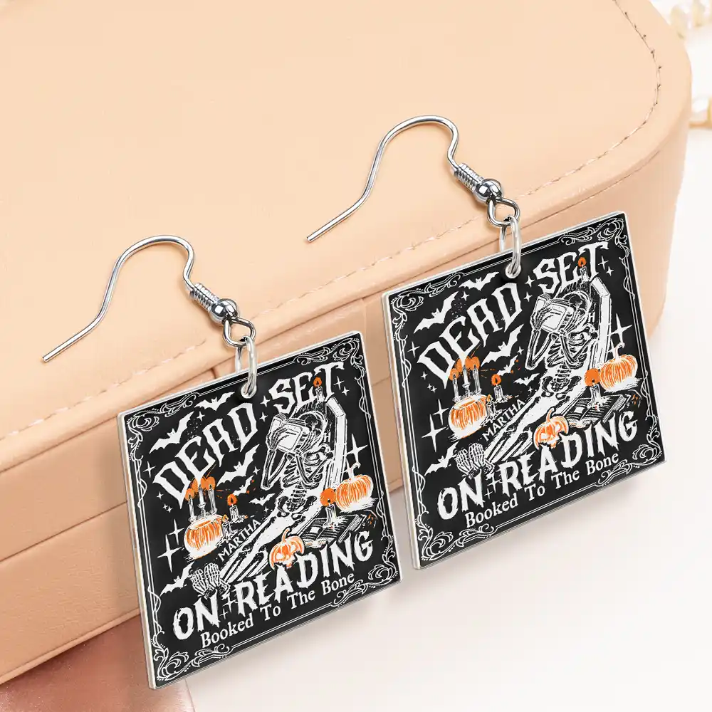 Funny Book Dead Set On Reading Skeleton Halloween - Personalized Acrylic Earrings - Image 4