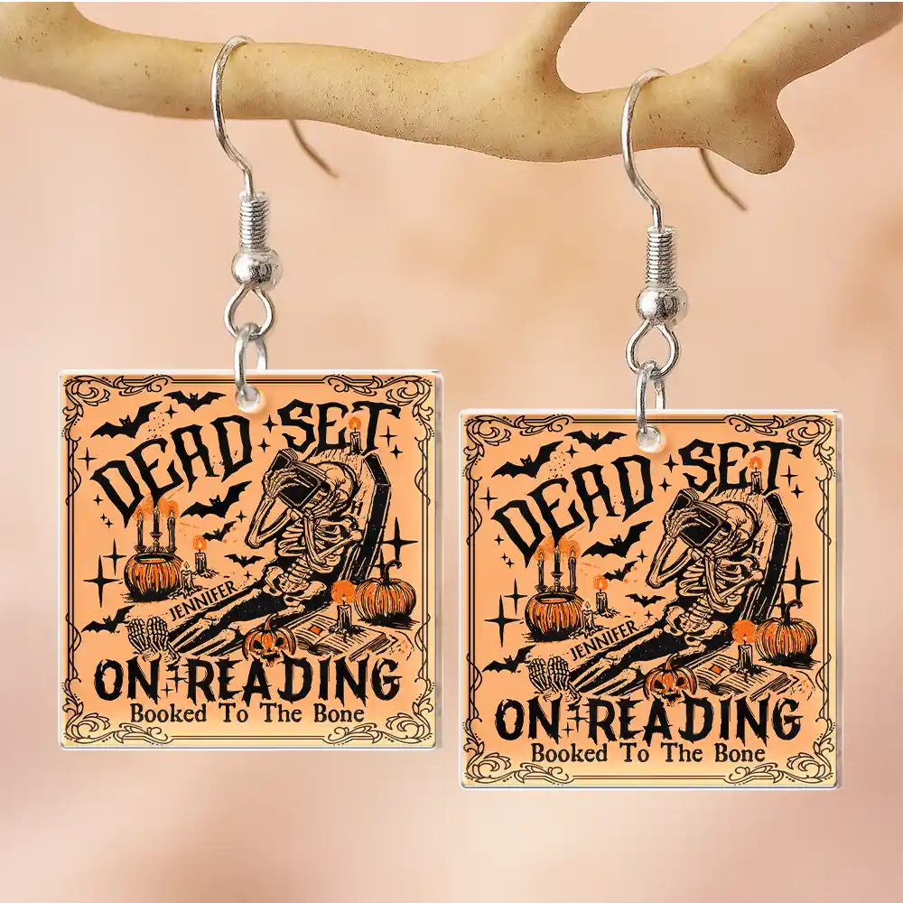 Funny Book Dead Set On Reading Skeleton Halloween - Personalized Acrylic Earrings - Image 5
