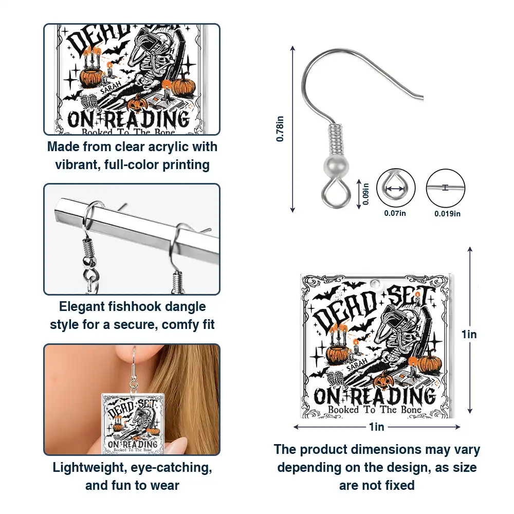 Funny Book Dead Set On Reading Skeleton Halloween - Personalized Acrylic Earrings - Image 6