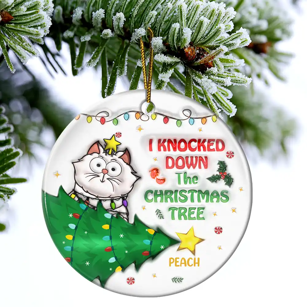 Funny Cartoon Cat On The Naughty List - 3D Inflated Effect Printed Ornament, Personalized Circle Ceramic Ornament - Image 4