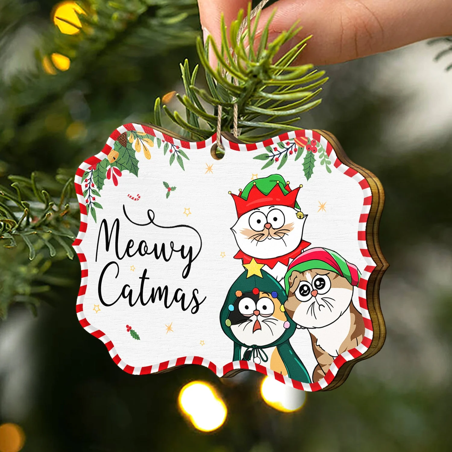 Funny Cartoon Cats Meowy Catmas - Christmas Gift For Cat Lovers - Personalized Medallion Wooden Ornament - Image 2