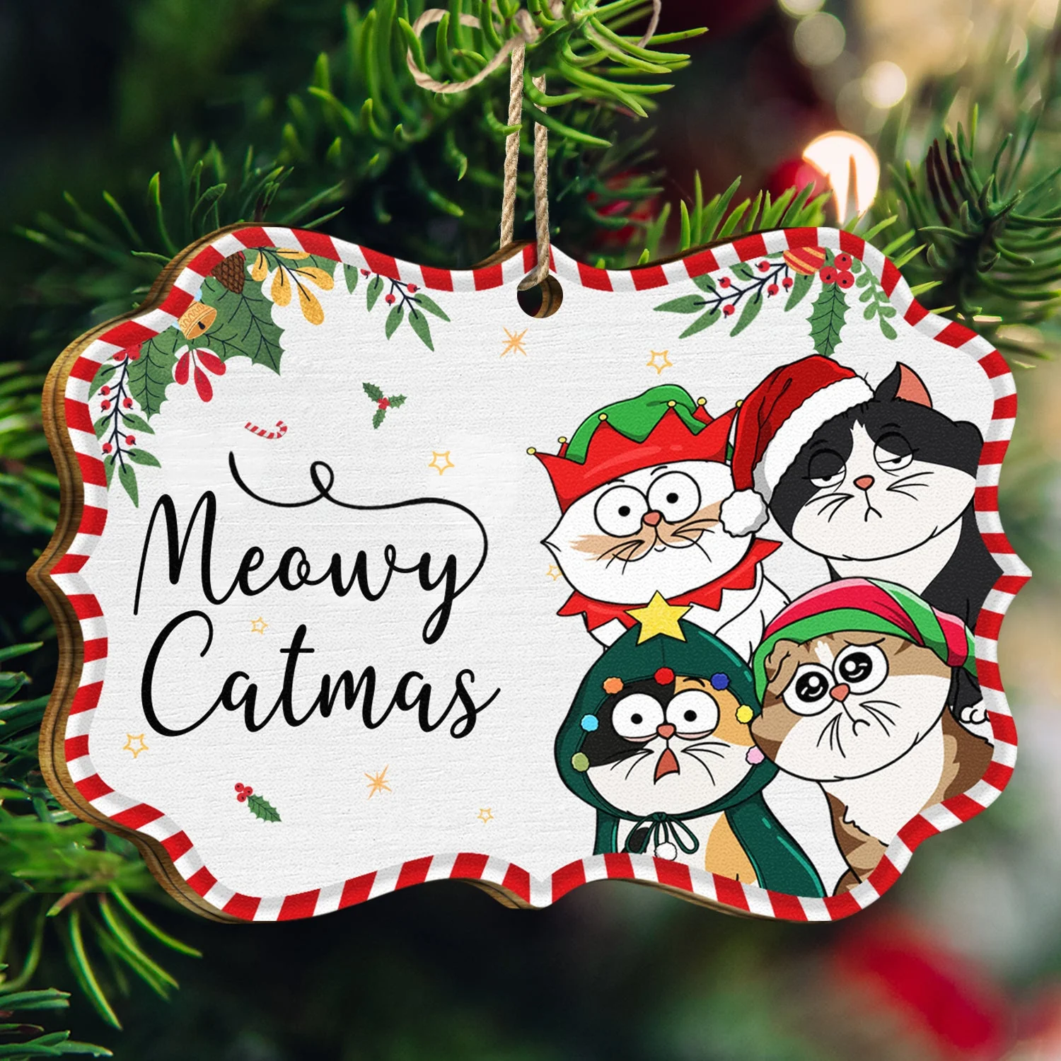 Funny Cartoon Cats Meowy Catmas - Christmas Gift For Cat Lovers - Personalized Medallion Wooden Ornament - Image 3