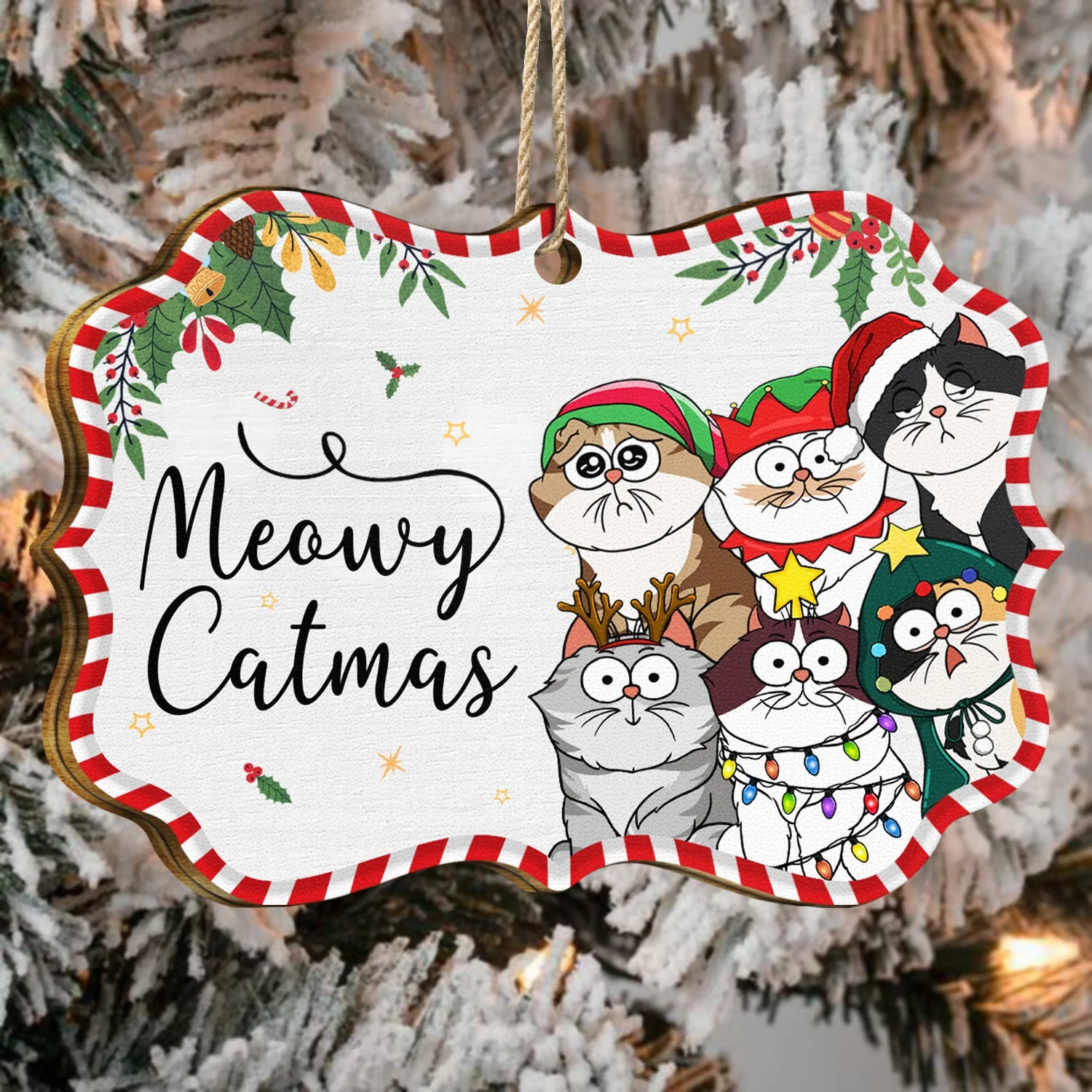 Funny Cartoon Cats Meowy Catmas - Christmas Gift For Cat Lovers - Personalized Medallion Wooden Ornament - Image 4