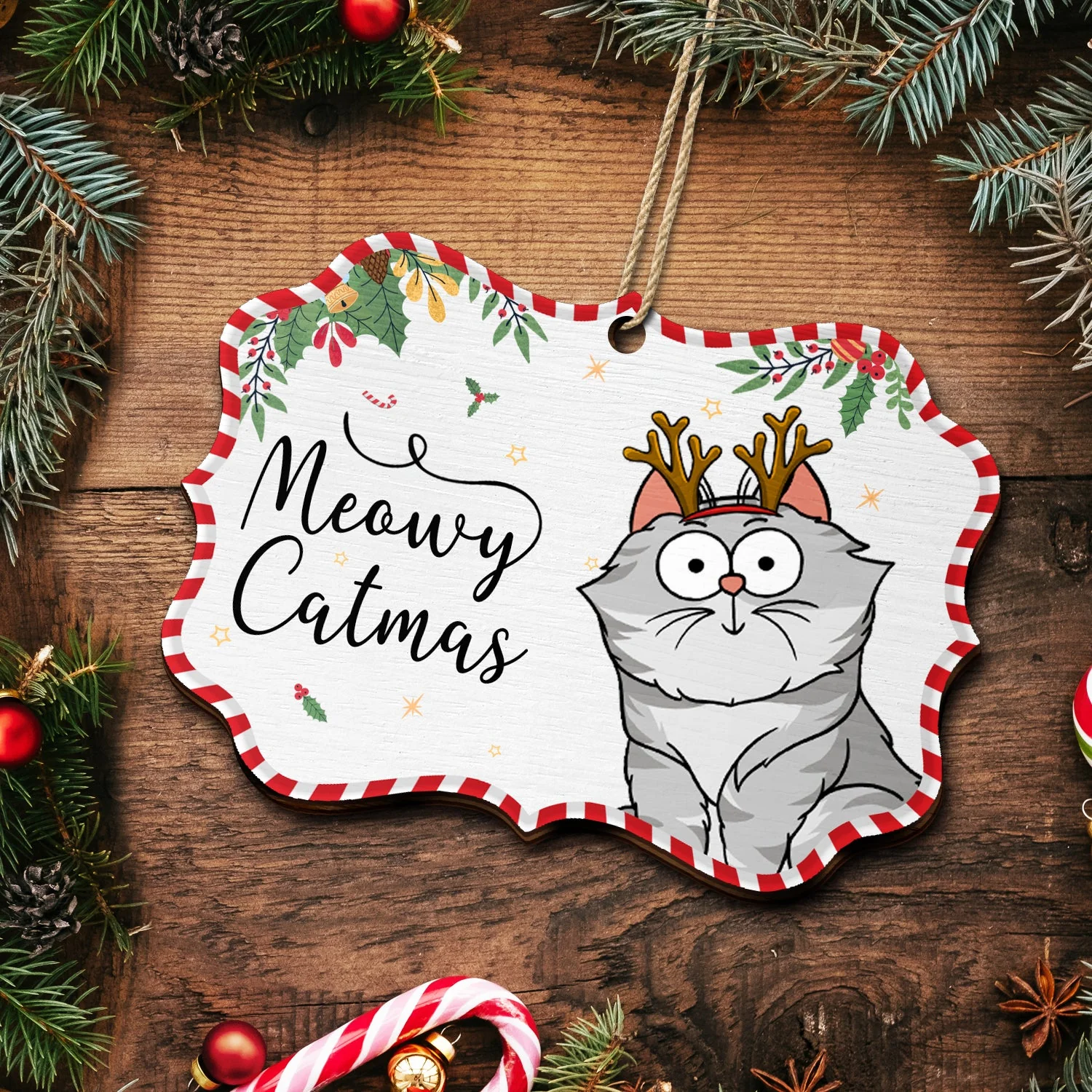 Funny Cartoon Cats Meowy Catmas - Christmas Gift For Cat Lovers - Personalized Medallion Wooden Ornament - Image 5