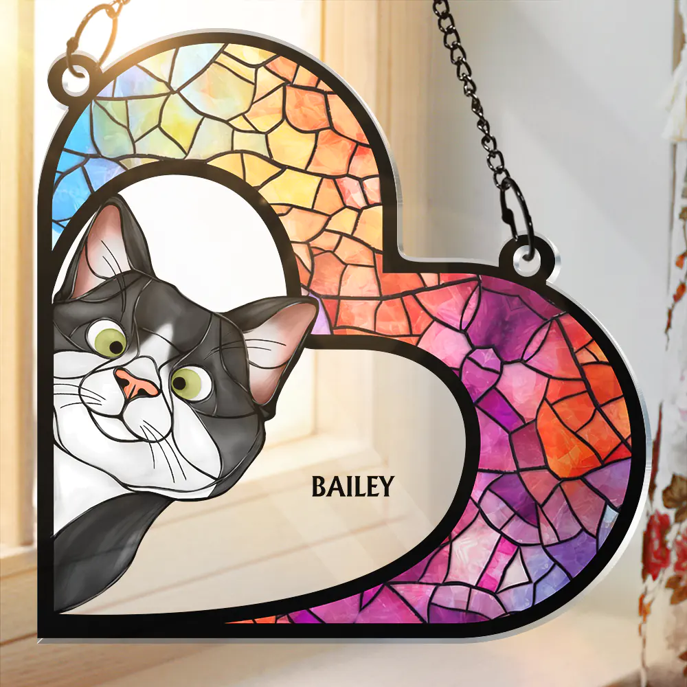 Funny Cat Heart Shape Stained Glass Effect - Personalized Window Hanging Suncatcher Ornament