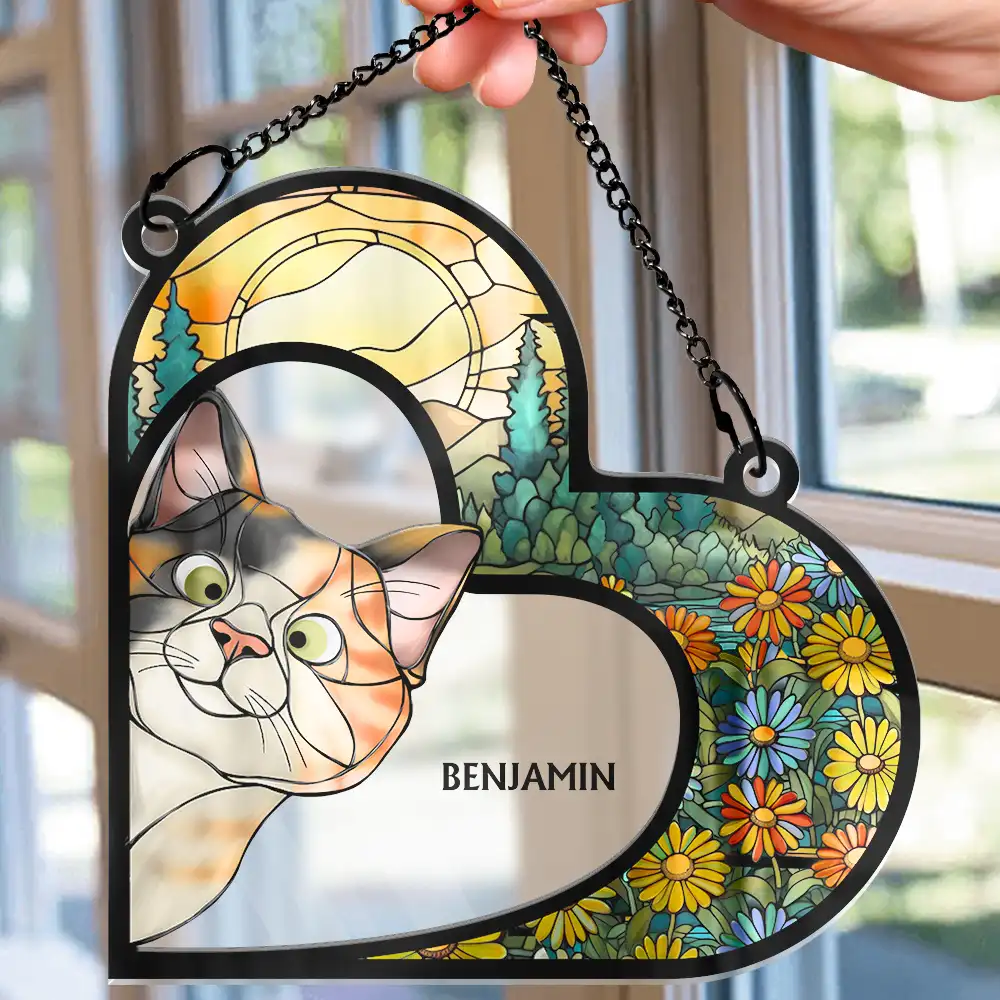 Funny Cat Heart Shape Stained Glass Effect - Personalized Window Hanging Suncatcher Ornament - Image 2