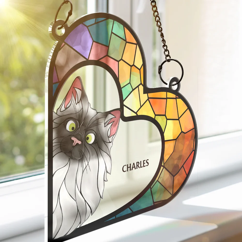 Funny Cat Heart Shape Stained Glass Effect - Personalized Window Hanging Suncatcher Ornament - Image 3
