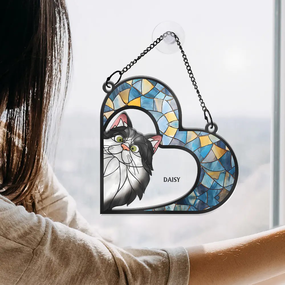 Funny Cat Heart Shape Stained Glass Effect - Personalized Window Hanging Suncatcher Ornament - Image 4