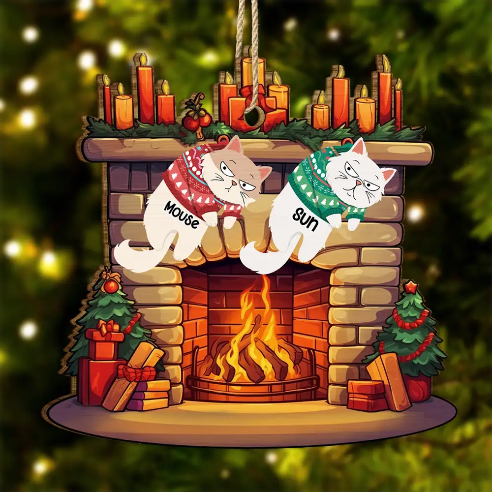 Funny Cats Hanging On Christmas Fireplace - Personalized Custom Shaped Wooden Ornament - Image 3