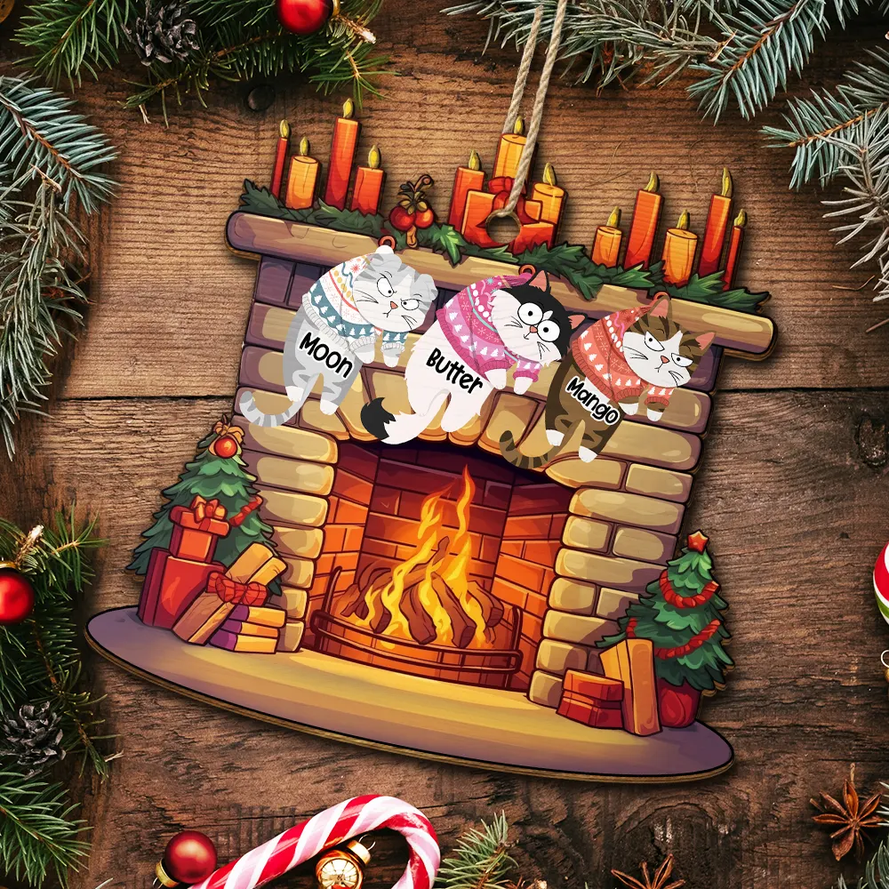 Funny Cats Hanging On Christmas Fireplace - Personalized Custom Shaped Wooden Ornament - Image 5
