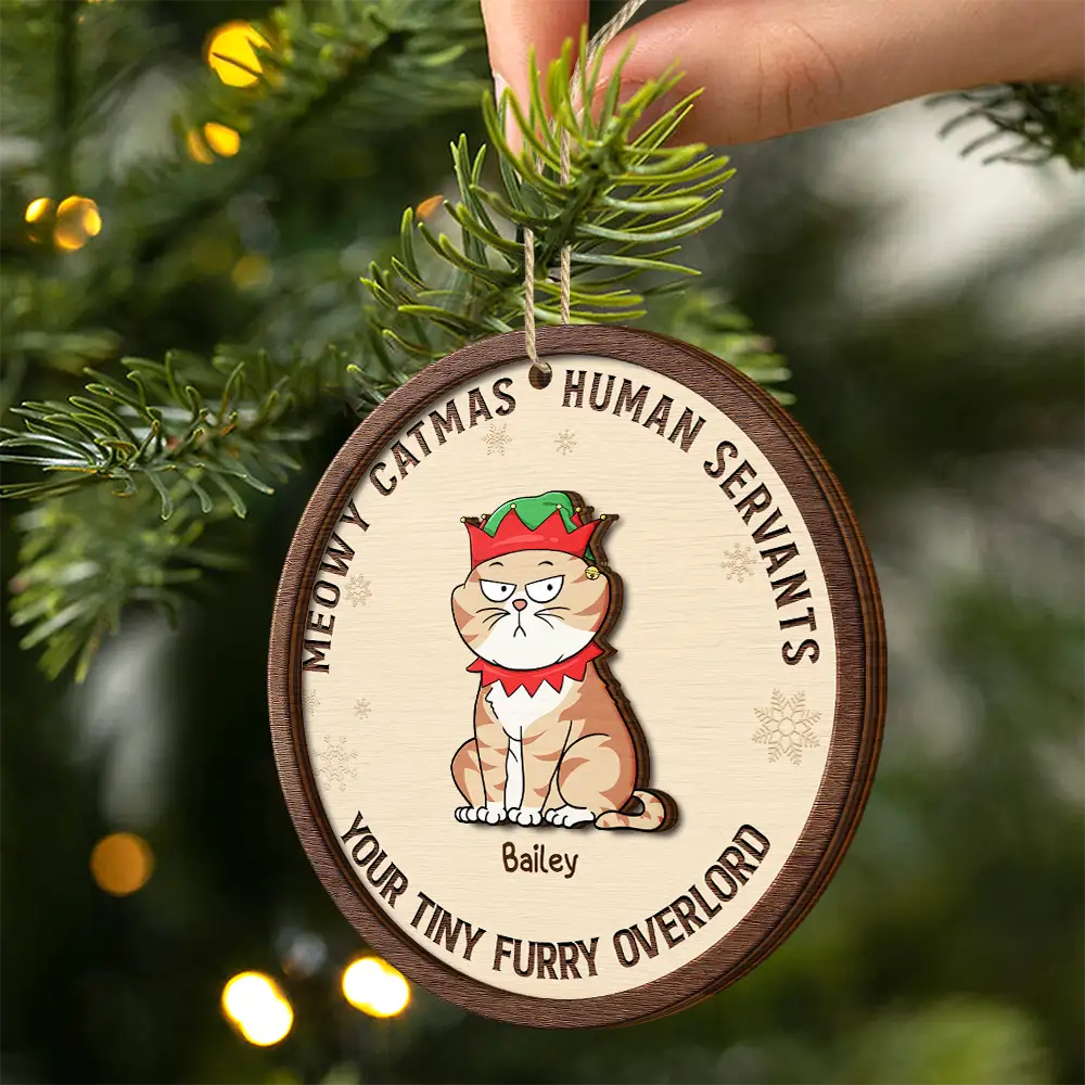 Funny Cats Meowy Catmas Human Servants - Personalized 2-Layered Wooden Ornament - Image 2