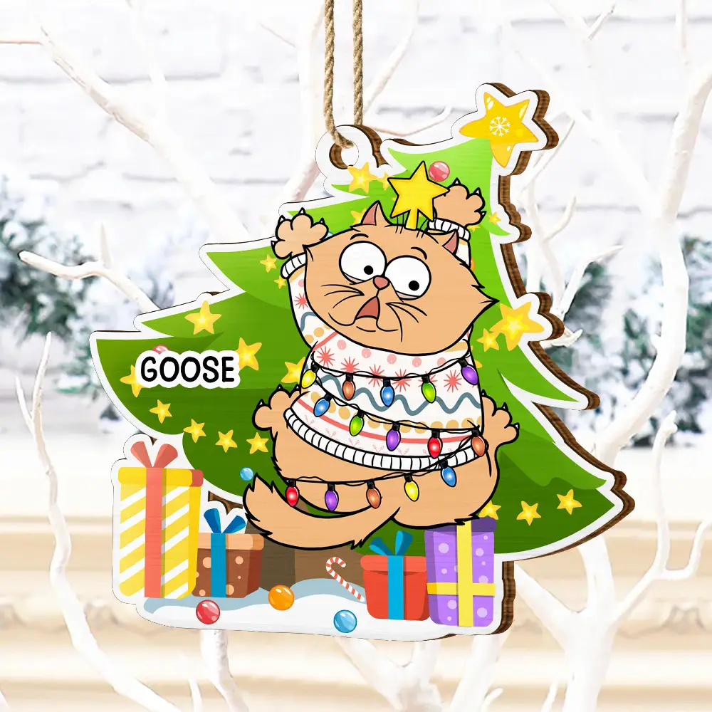 Funny Cats Scratching Christmas Tree - Personalized Custom Shaped Wooden Ornament - Image 4
