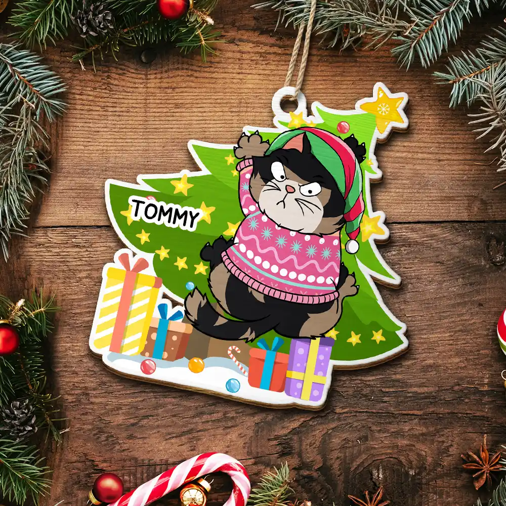 Funny Cats Scratching Christmas Tree - Personalized Custom Shaped Wooden Ornament - Image 5