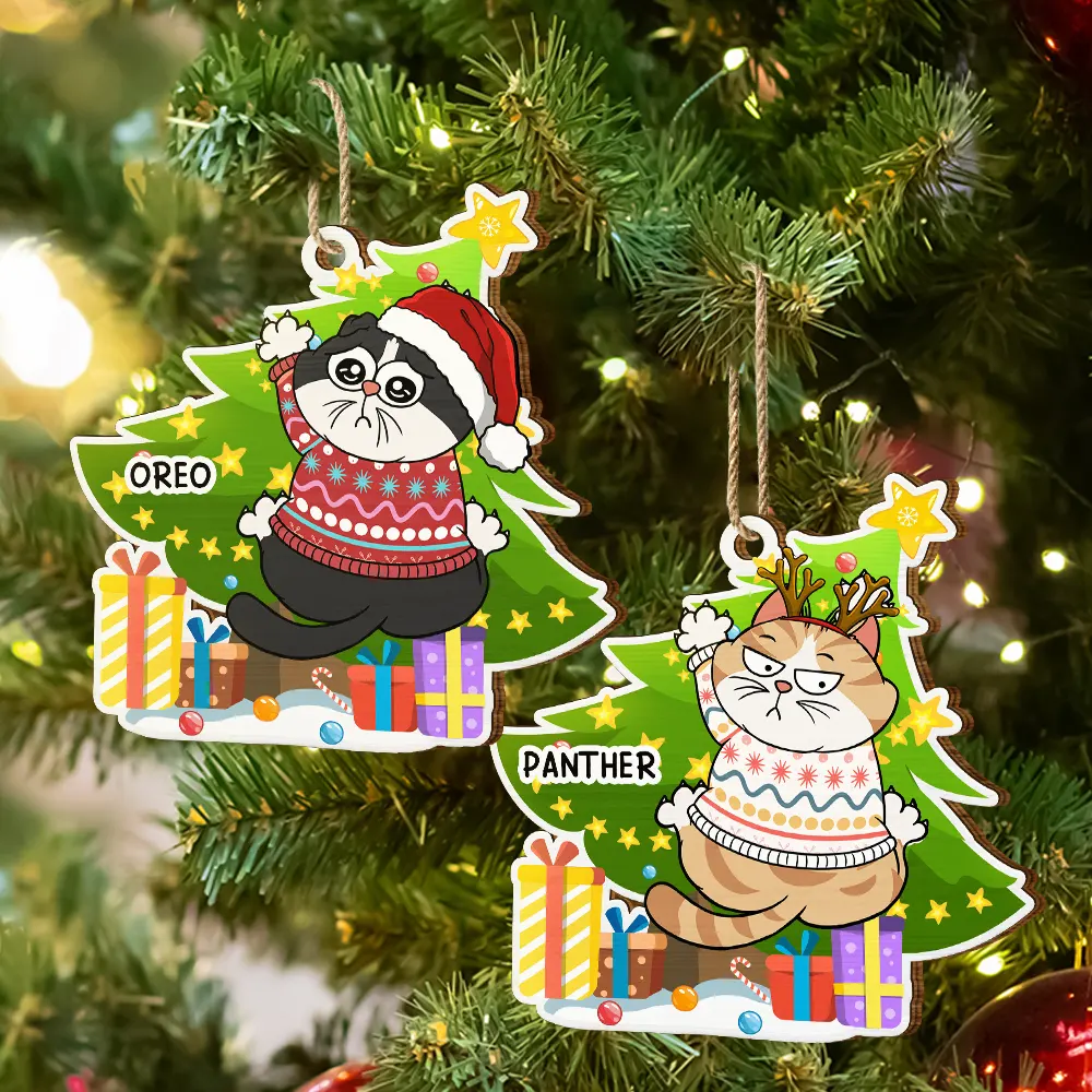 Funny Cats Scratching Christmas Tree - Personalized Custom Shaped Wooden Ornament - Image 6