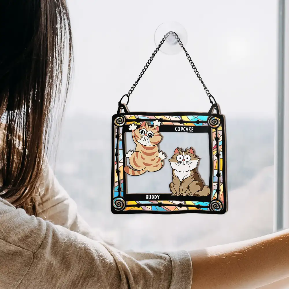 Funny Cats Scratching Window - Personalized Window Hanging Suncatcher Ornament - Image 4