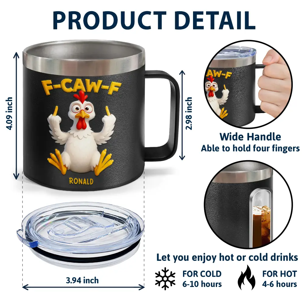 Funny Chicken F-Caw-F - Personalized 14oz Stainless Steel Tumbler With Handle - Image 4