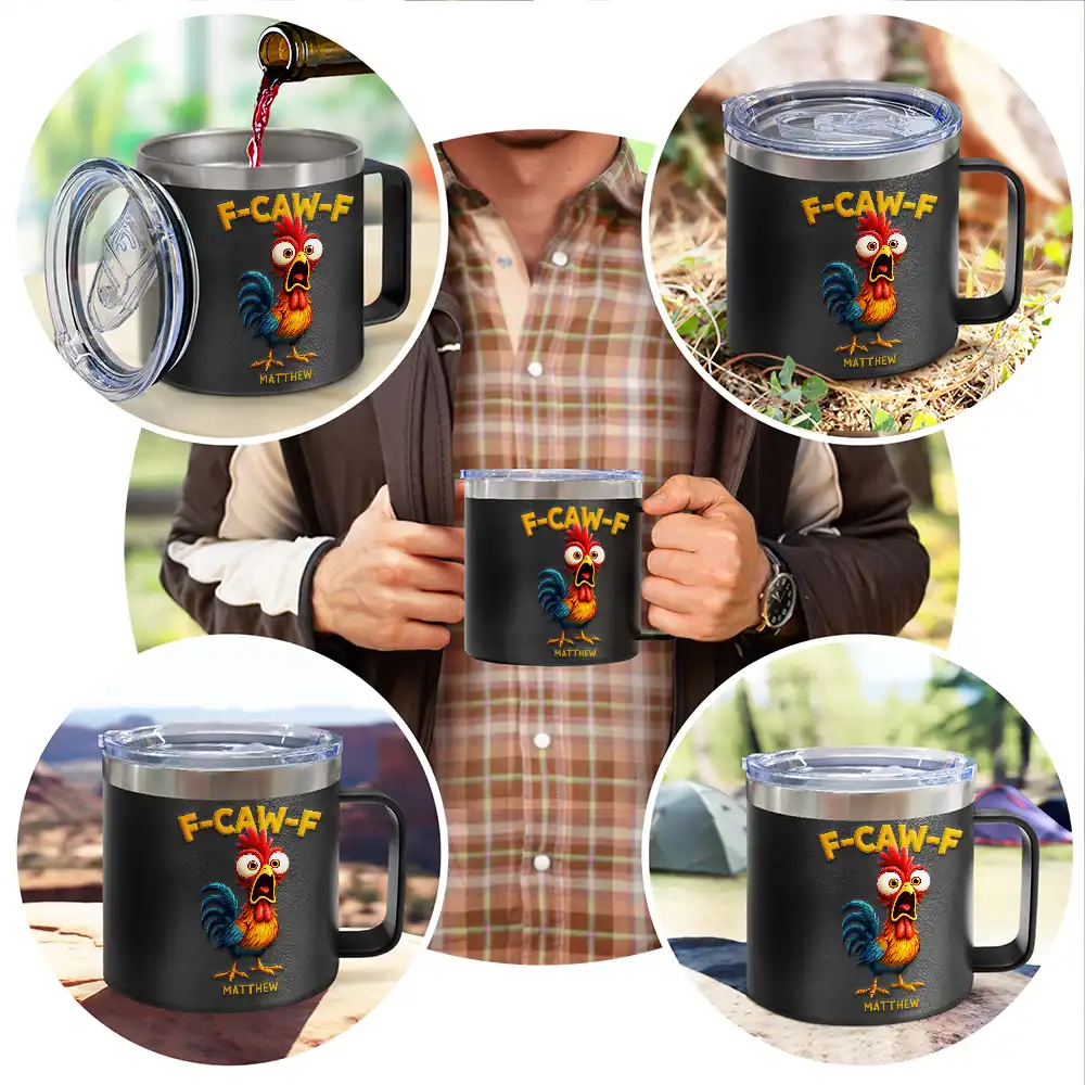 Funny Chicken F-Caw-F - Personalized 14oz Stainless Steel Tumbler With Handle - Image 5