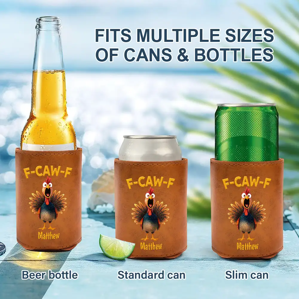 Funny Chicken F-Caw-F - Personalized Leather Can Cooler - Image 2