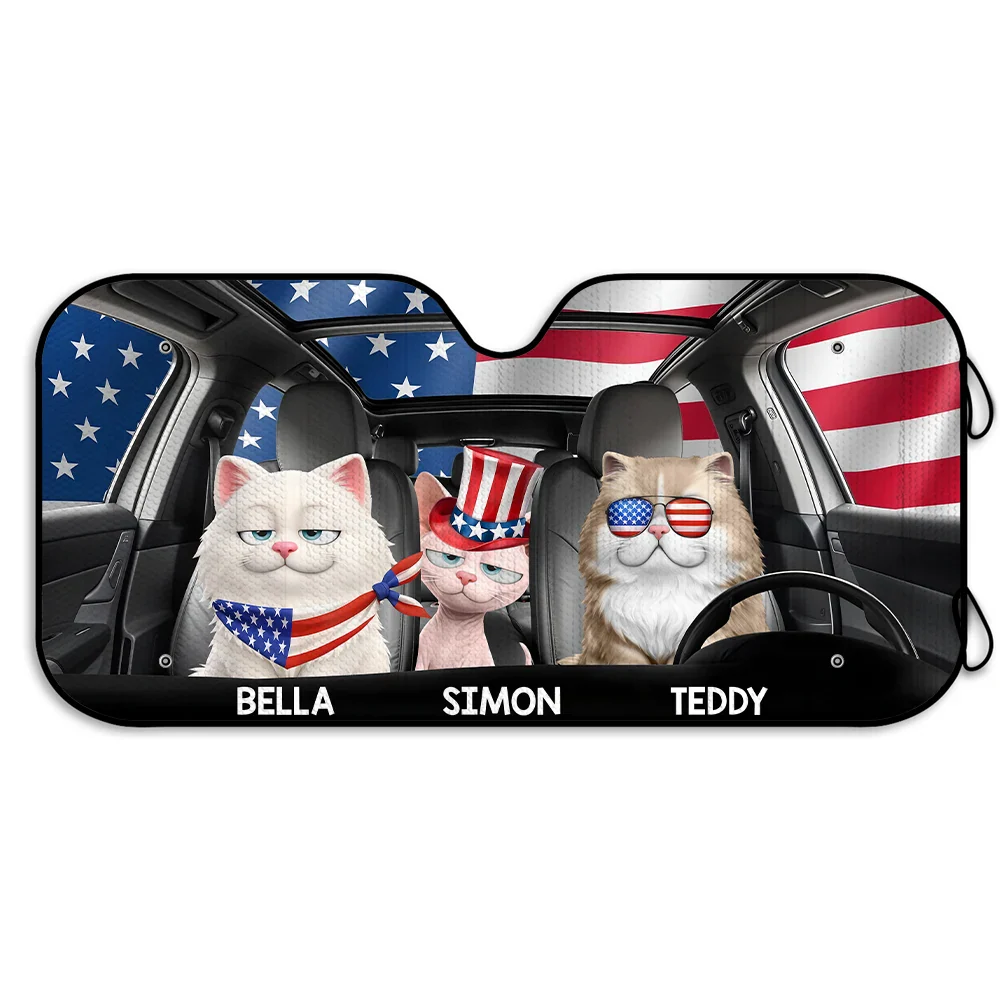 Funny Dog Cat US Flag - Personalized Auto Sunshade - Image 2