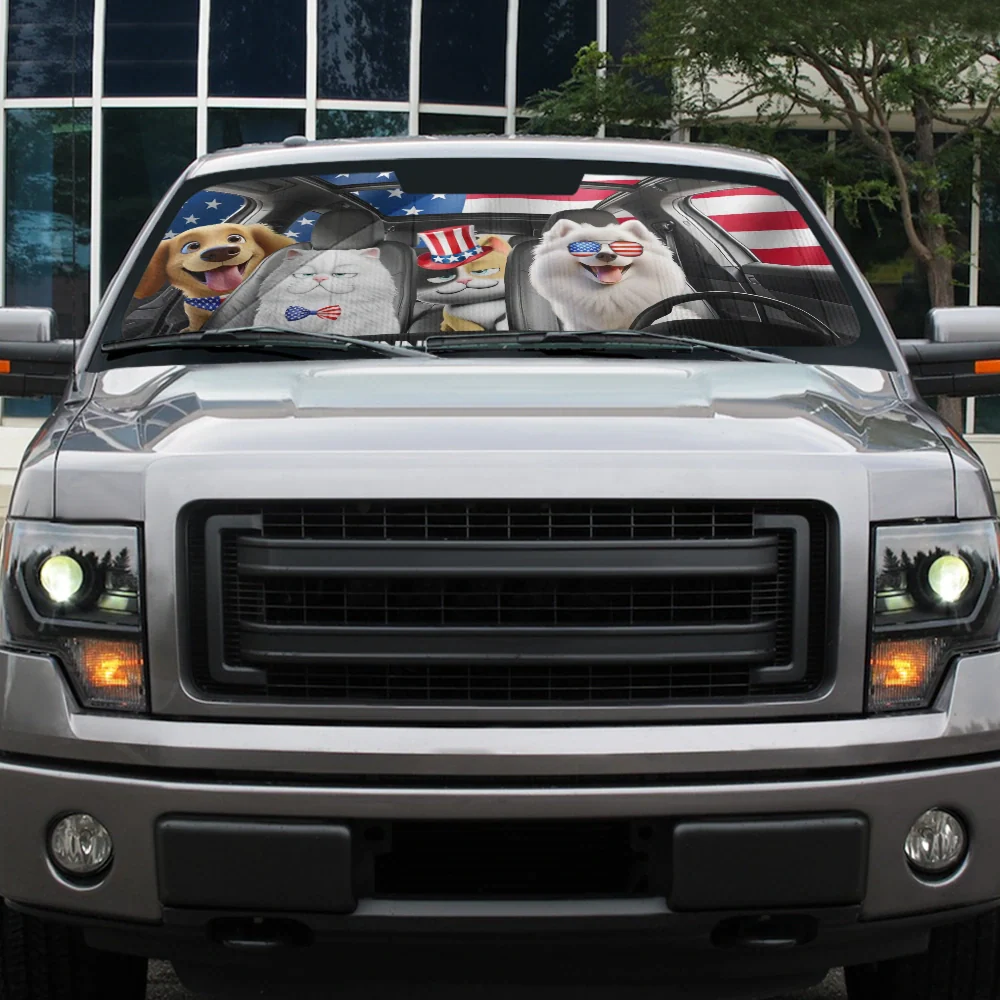 Funny Dog Cat US Flag - Personalized Auto Sunshade - Image 5