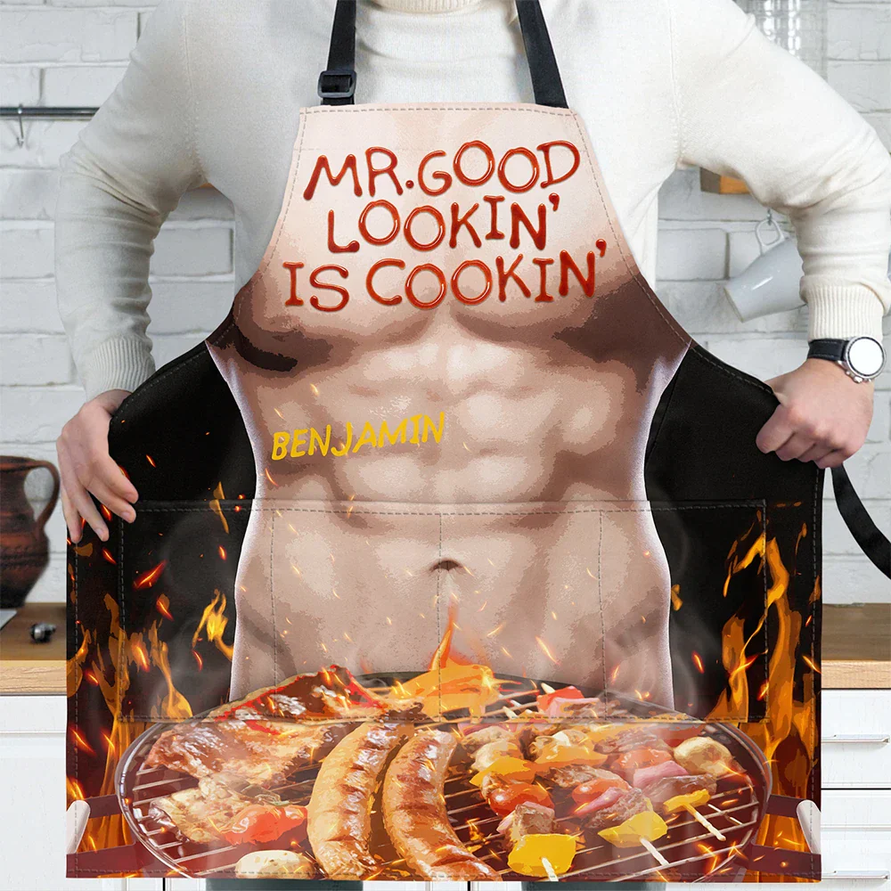 Funny Hot Muscle Man Mr. Good Looking Is Cooking Grilling - Personalized Apron - Image 2