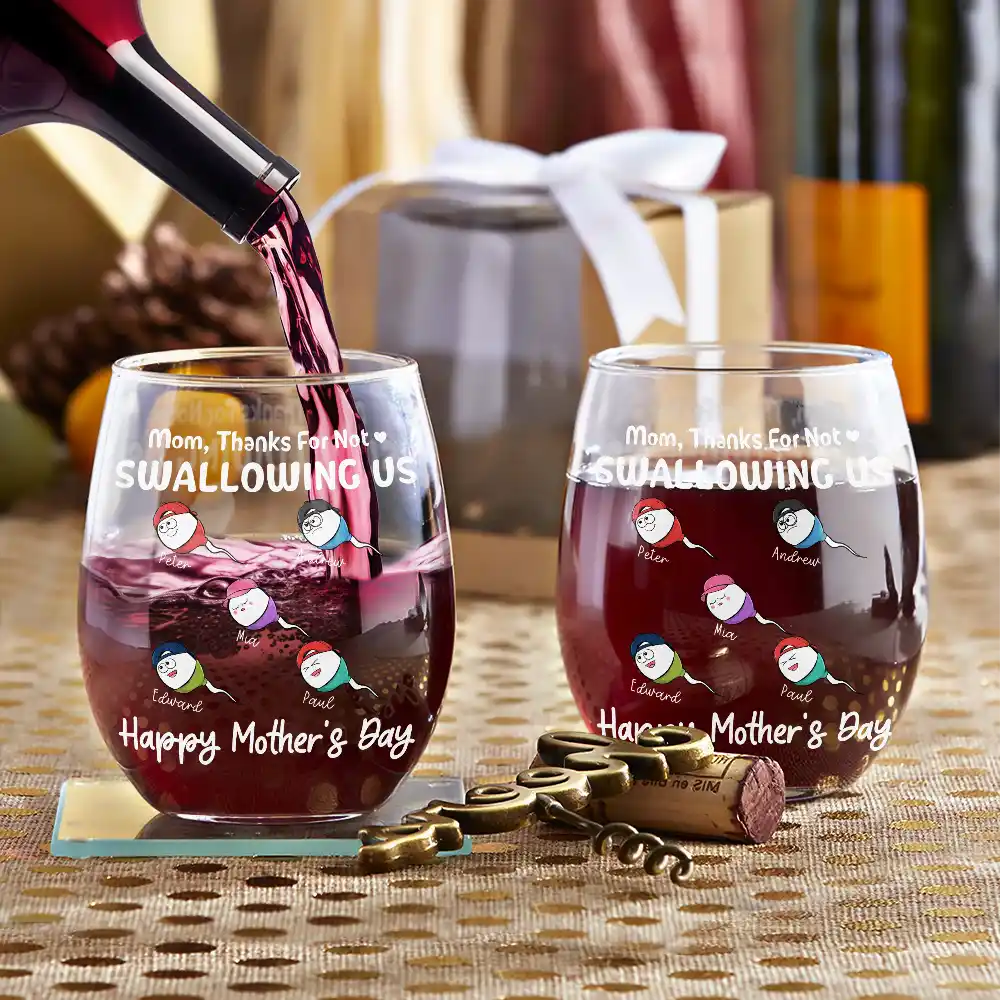 Funny Mom Thanks For Not Swallowing Us - Personalized Stemless Wine Glass - Image 3