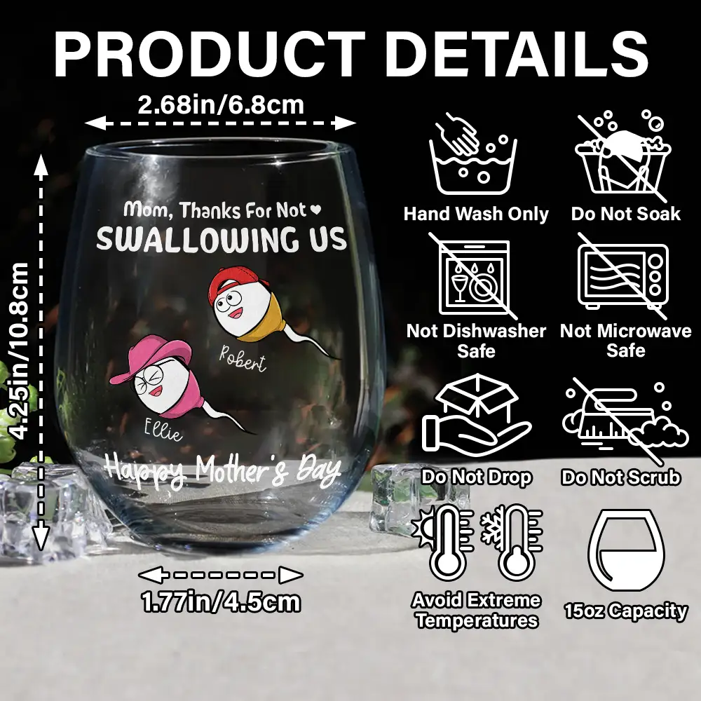 Funny Mom Thanks For Not Swallowing Us - Personalized Stemless Wine Glass - Image 5