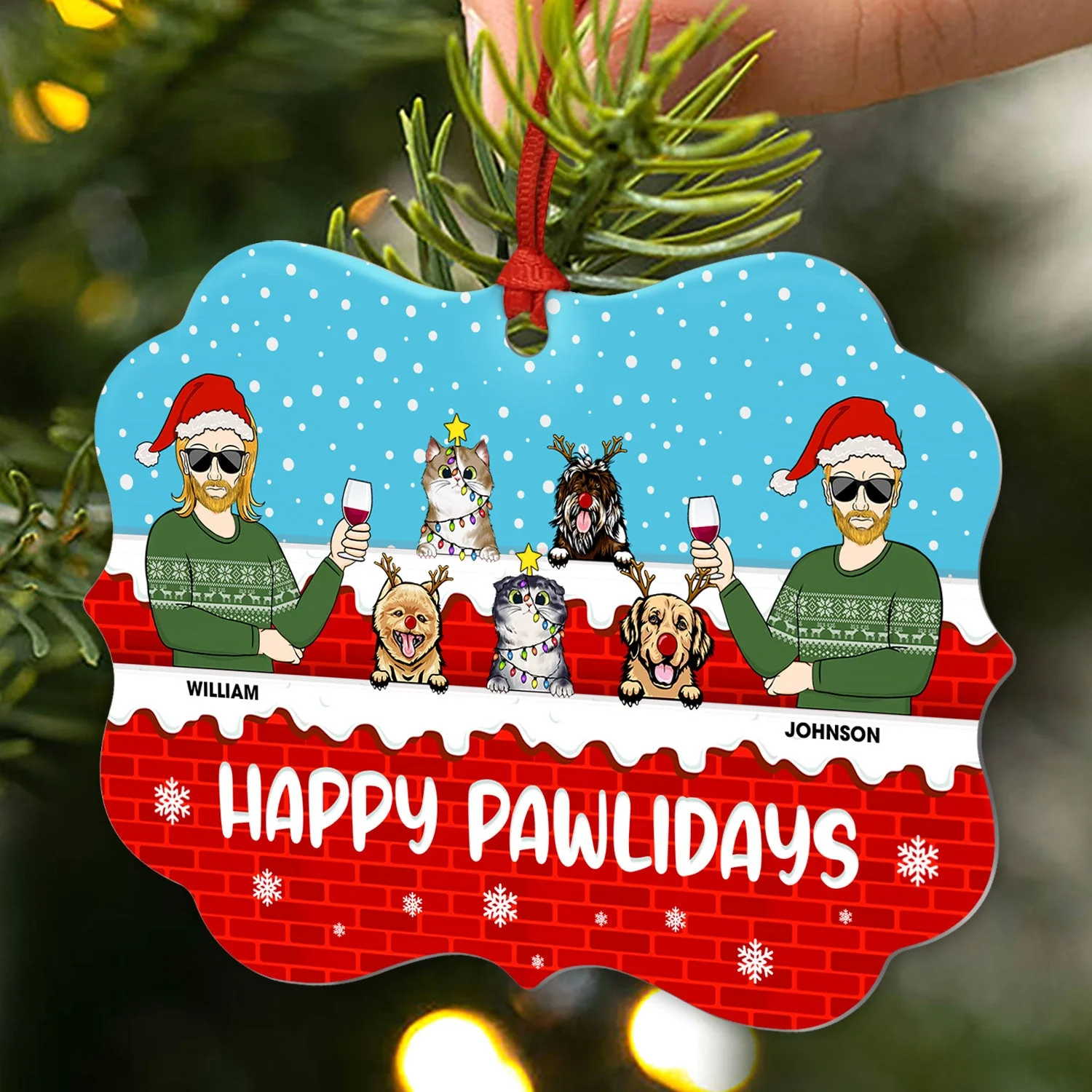 Furry Little Christmas Couple With Dog Cat - Christmas Gift For Pet Owners - Personalized Custom Aluminum Ornament - Image 2