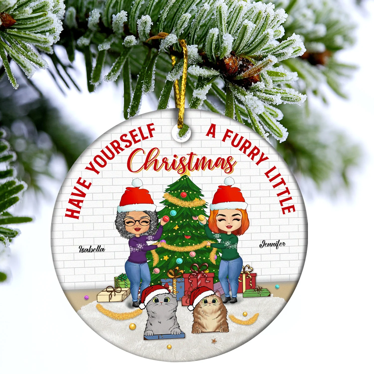 Furry Little Christmas Family With Dog Cat Pet - Gift For Couple - Personalized Custom Circle Ceramic Ornament - Image 3