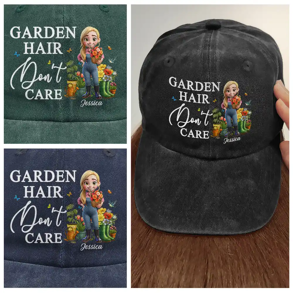 Garden Hair Don't Care - Personalized Vintage Washed Denim Cap - Image 4