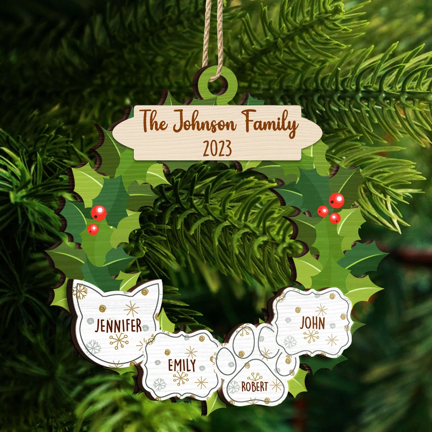 Garland Wreath Family - Christmas Gift For Family - Personalized 2-Layered Wooden Ornament - Image 4