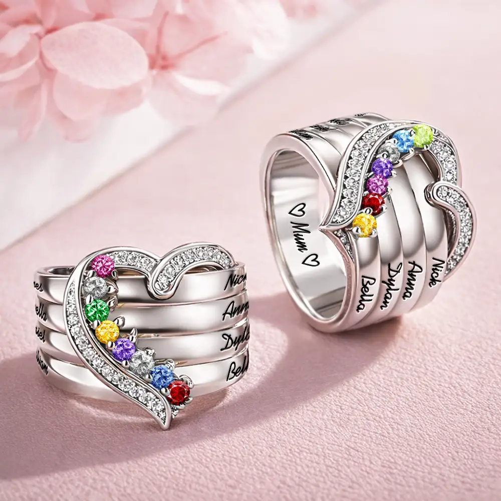 Gemstones Birth Month Mom Grandma Jewelry - Personalized Birthstone Heart Ring - Image 3
