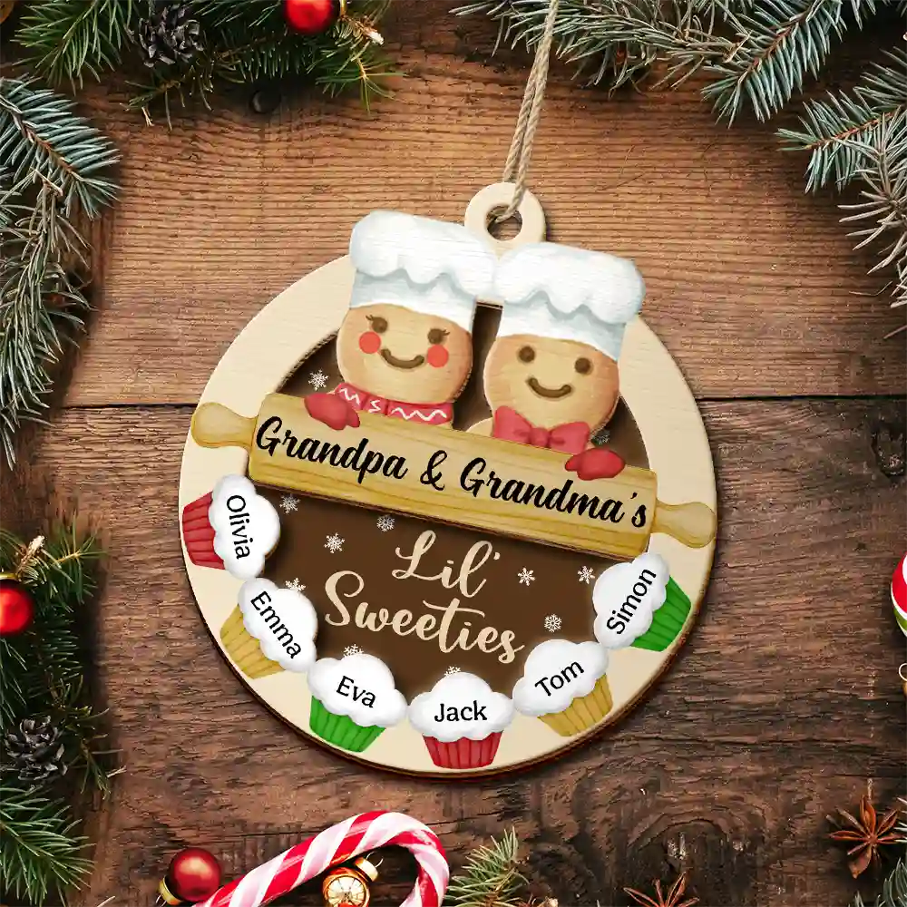 Gingerbread Grandpa Grandma Lil Sweeties - Personalized 2-Layered Wooden Ornament - Image 4