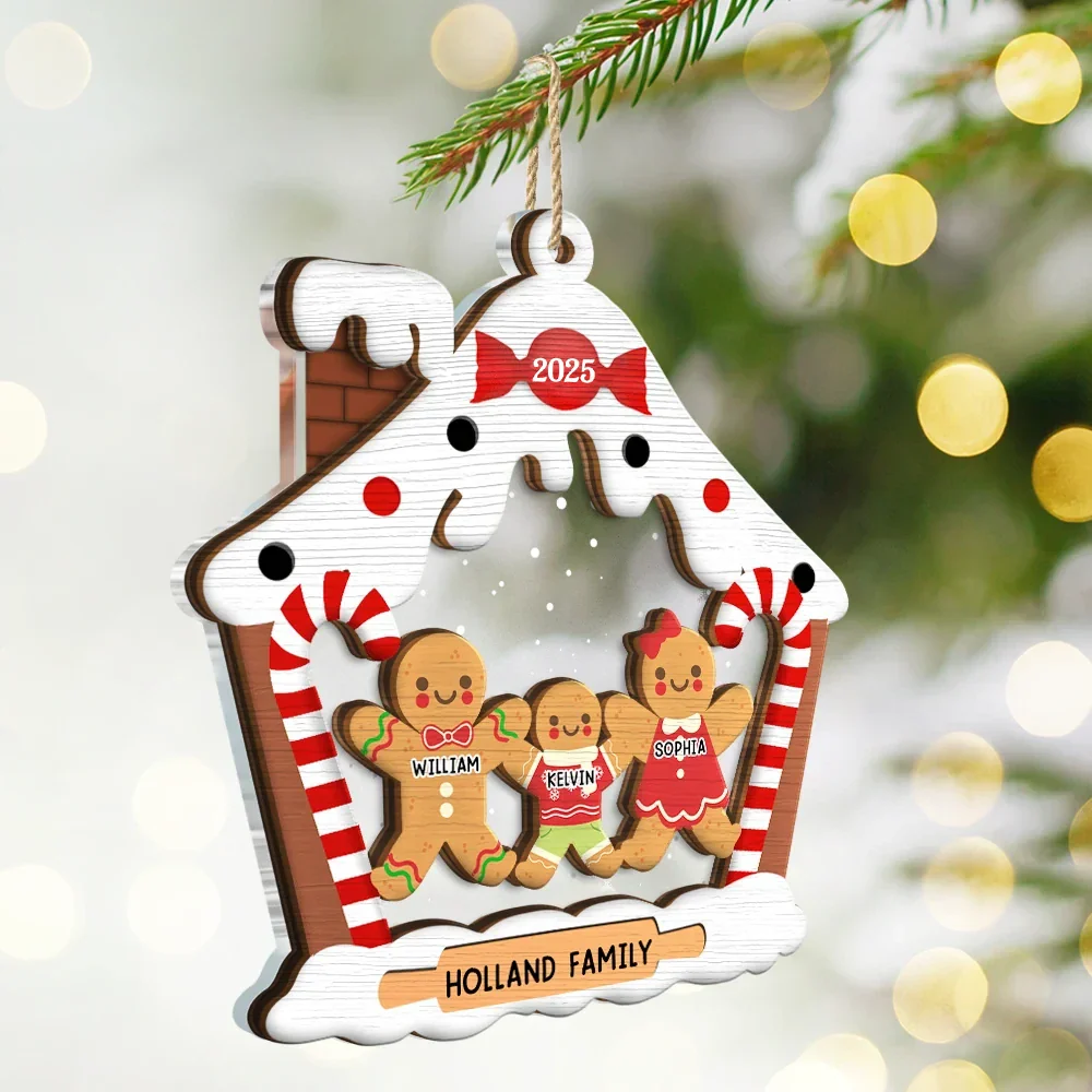 Gingerbread House Family With Pets Christmas - Personalized 2-Layered Mix Ornament - Image 2
