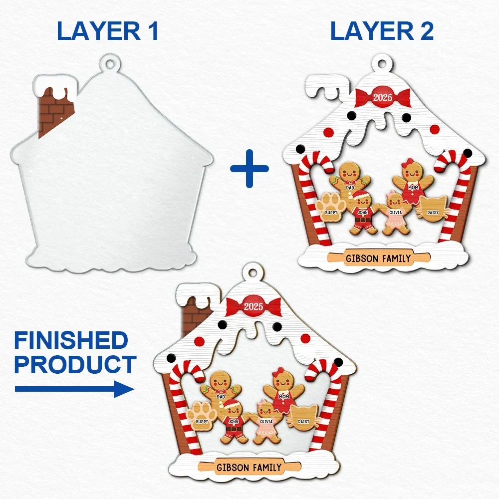 Gingerbread House Family With Pets Christmas - Personalized 2-Layered Mix Ornament - Image 6
