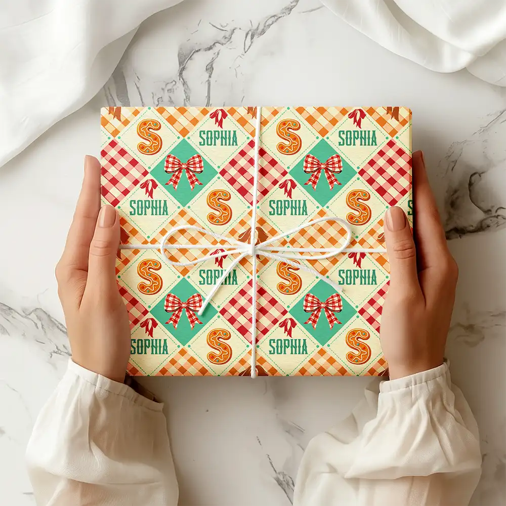 Gingerbread Initial Custom Name With Bow And Plaid - Personalized Wrapping Paper - Image 2