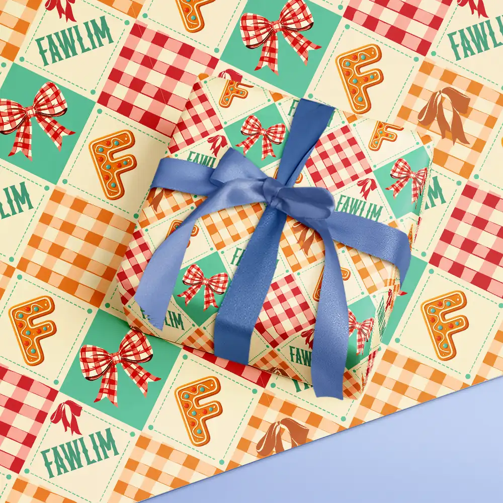 Gingerbread Initial Custom Name With Bow And Plaid - Personalized Wrapping Paper - Image 4