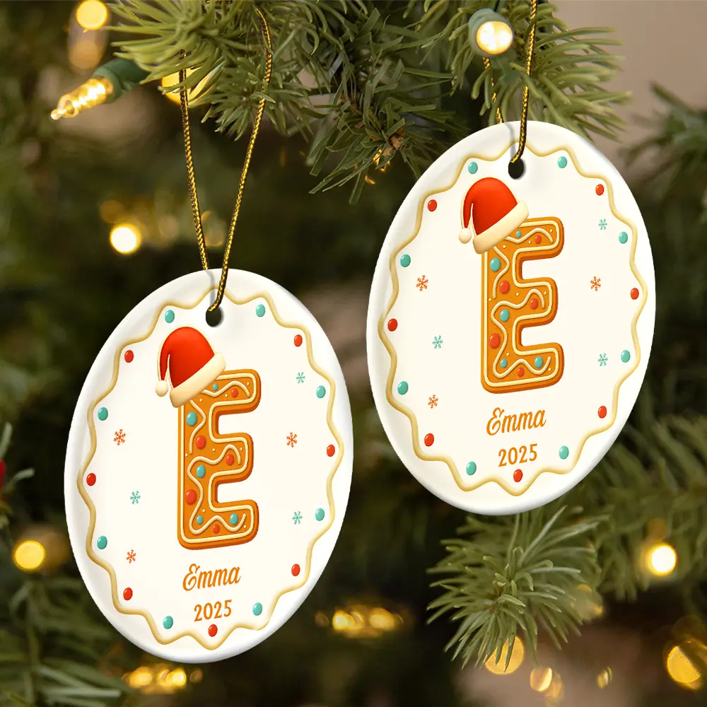 Gingerbread Letters With Santa Hat 2025 - Personalized Circle Ceramic Ornament - Image 2
