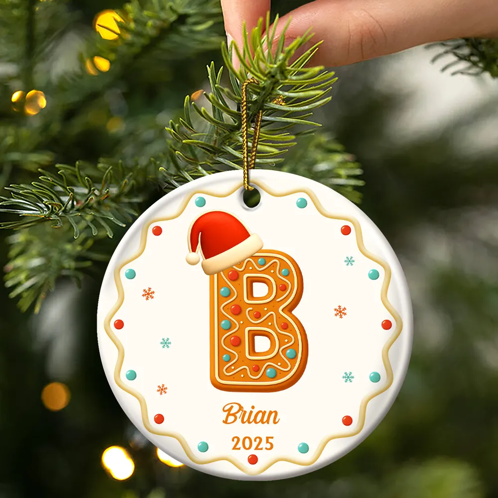 Gingerbread Letters With Santa Hat 2025 - Personalized Circle Ceramic Ornament - Image 3