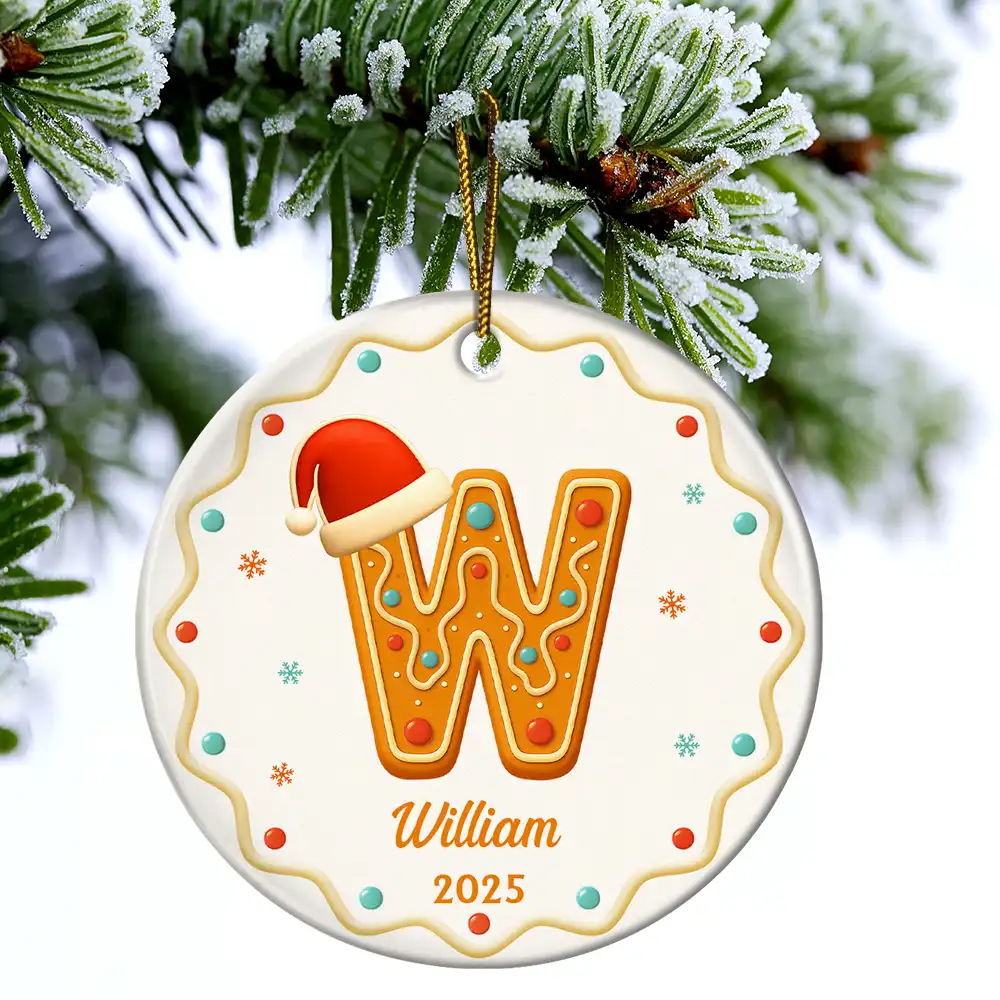 Gingerbread Letters With Santa Hat 2025 - Personalized Circle Ceramic Ornament - Image 4