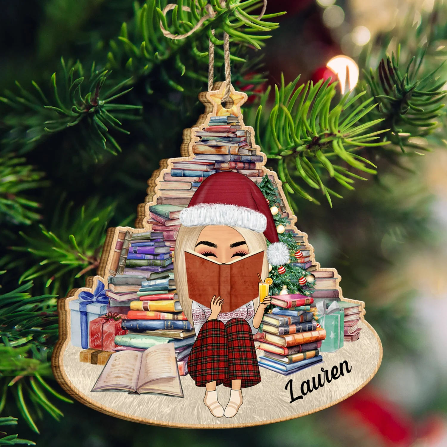 Girl Under Book Christmas Tree - Xmas Gift For Women Who Love Reading Books - Personalized Custom Shaped Wooden Ornament - Image 3
