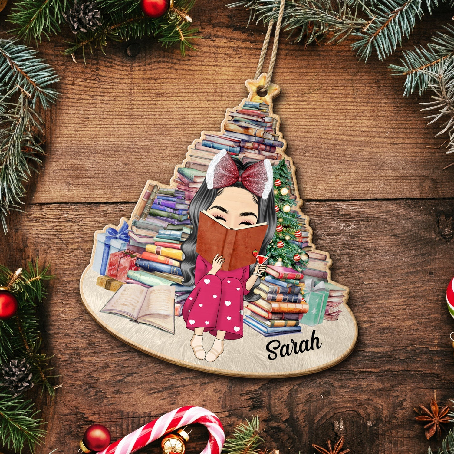 Girl Under Book Christmas Tree - Xmas Gift For Women Who Love Reading Books - Personalized Custom Shaped Wooden Ornament - Image 5