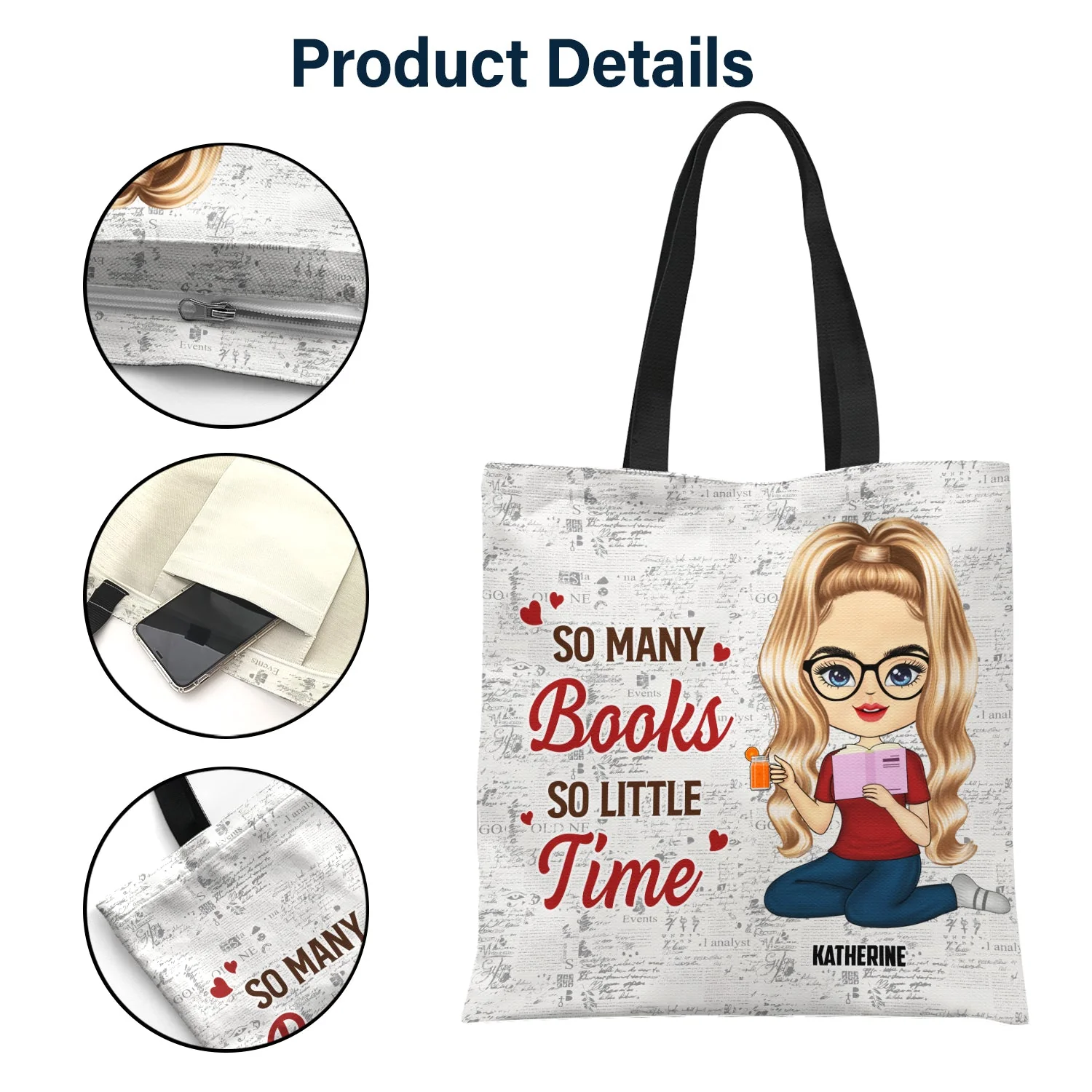 Girl Who Loves Books - Gift For Reading Lovers - Personalized Custom Zippered Canvas Bag - Image 4