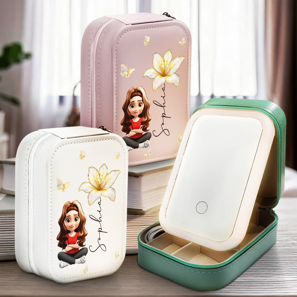 Girl With Birth Flower Nacre Effect - Personalized Makeup Box With LED Mirror - Image 2