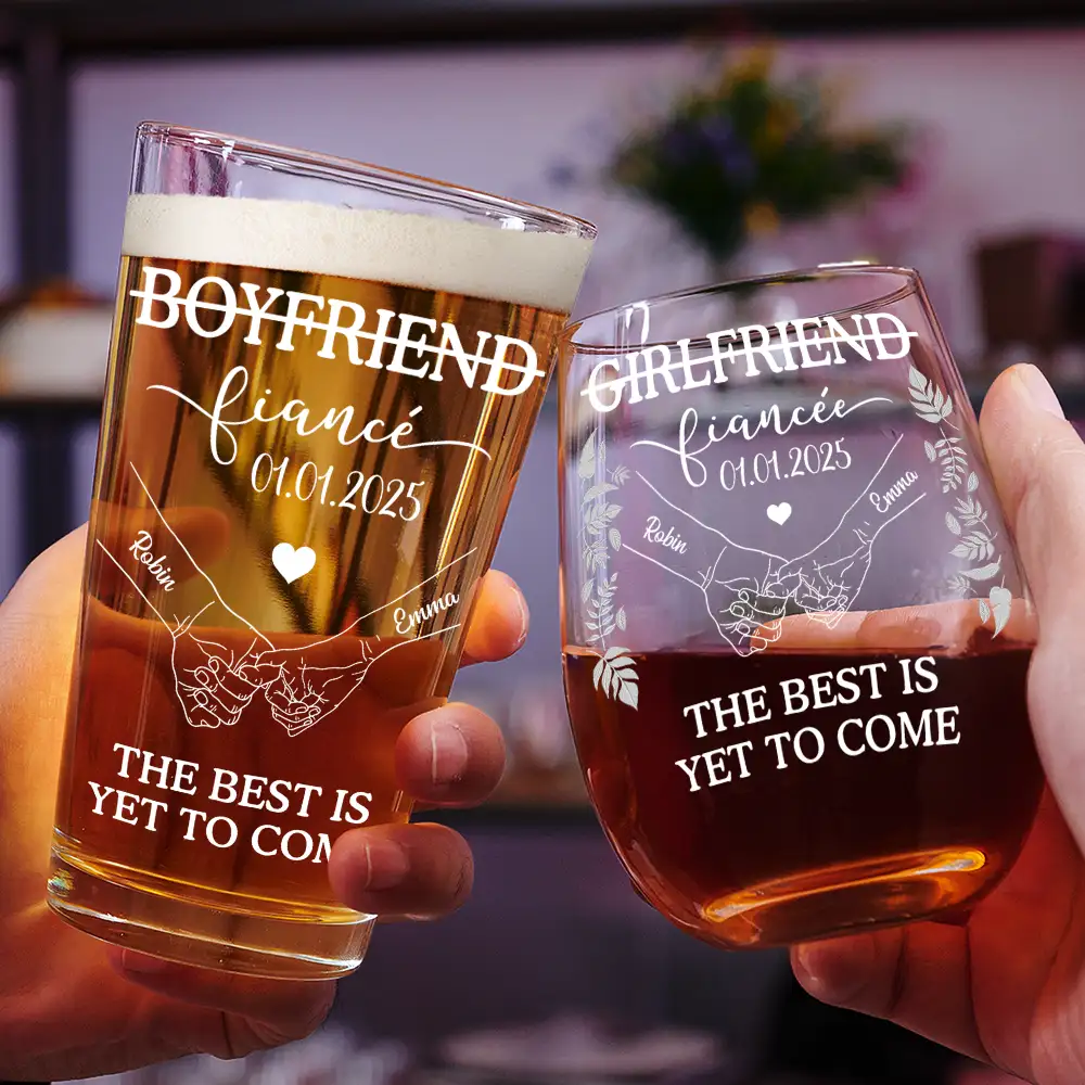 Girlfriend Fiancee Boyfriend Fiance Engagement Couple Gift - Personalized Combo Wine & Beer Glass - Image 2