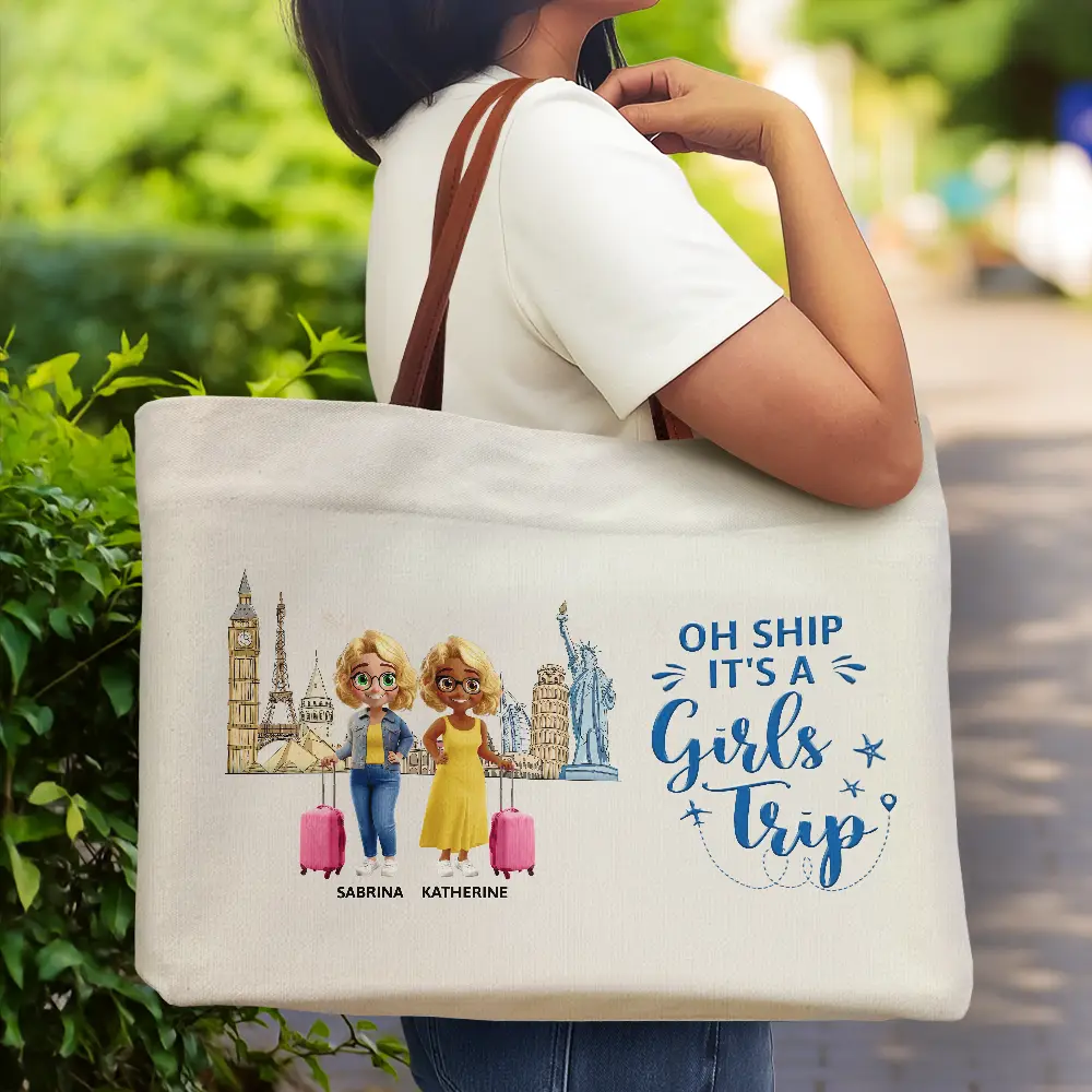 Girls Trip Bestie Traveling Cruising - Personalized Leather Handle Tote Bag - Image 2