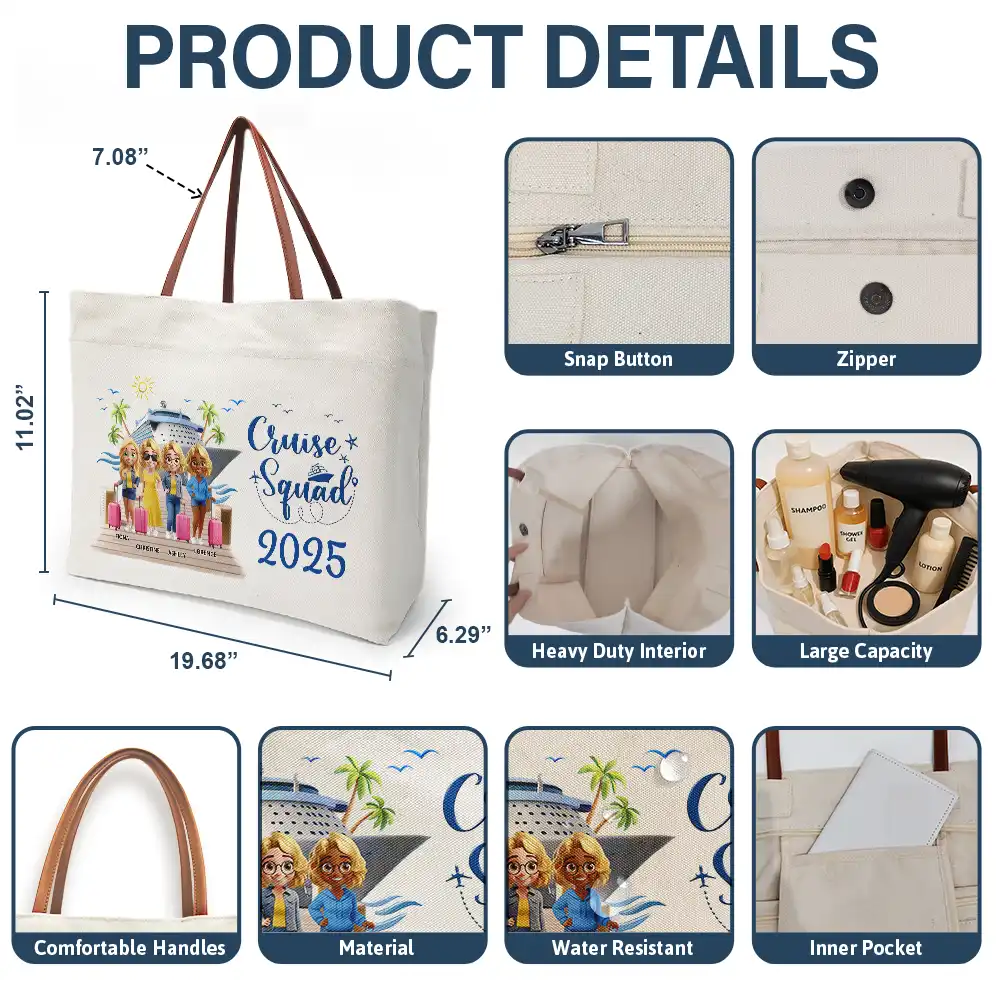 Girls Trip Bestie Traveling Cruising - Personalized Leather Handle Tote Bag - Image 4
