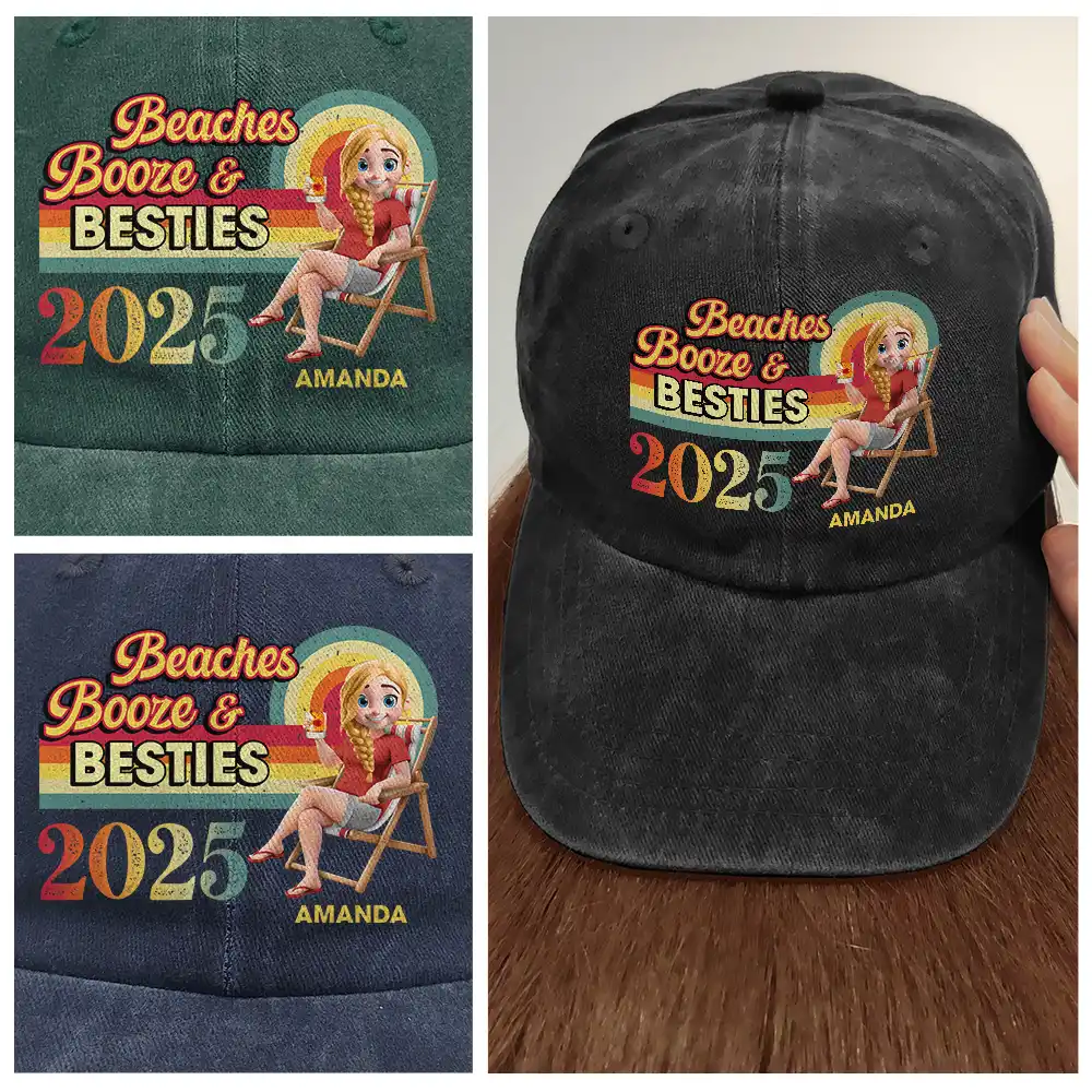 Girls Trip Besties Beach Vacation - Personalized Vintage Washed Denim Cap - Image 4