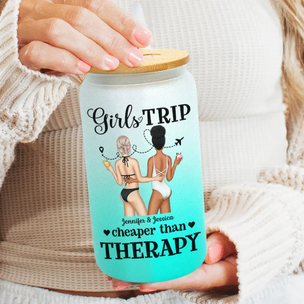 Girls Trip Cheaper Than Therapy - Personalized Ombre Frosted Glass Can - Image 2
